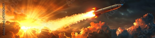 Elegant golden rocket in mid-launch with vibrant flame and smoke details