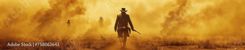 Echoing footsteps and clinking spurs in a ghost town a dust storm conceals a wandering phantom gunslinger