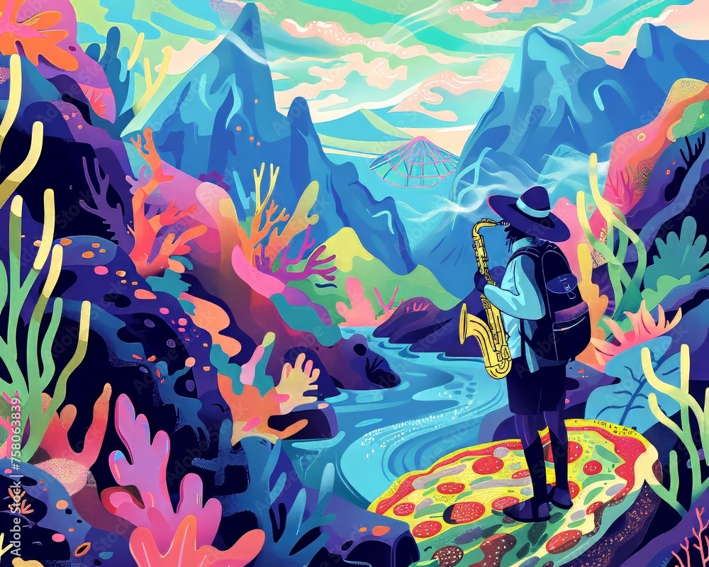 Man playing saxophone in a zen coral reef noir wizard hiking on a pizza patterned glacier abstract scenery