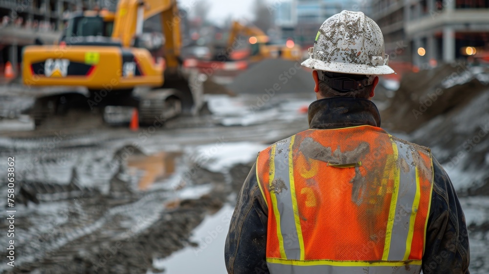 Construction Worker Overseeing Site with Heavy Machinery Construction Worker Overseeing Site with Heavy Machinery