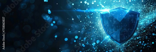 Majestic shield pulsating with blue particles and light rising from a field of encrypted data encapsulating the essence of advanced cyber protection