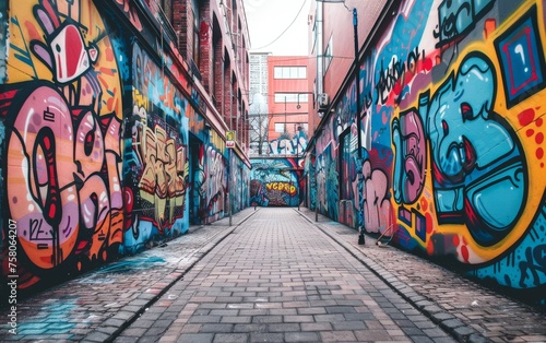 Vibrant graffiti art alley with colorful murals covering the walls showcasing urban street art and creative expression