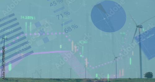 Image of infographic interface over spinning windmills against clear sky