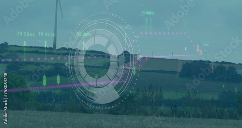 Image of radar, graph and loading bar over windmill on landscape against clear sky