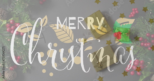 Image of christmas greetings text over christmas presents and decorations