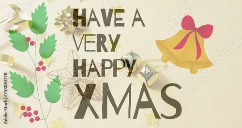 Image of christmas greetings text over christmas decorations