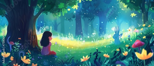 Young girl enchanted by a fairy tale in a cartoon meadow serene park setting with mythical creatures