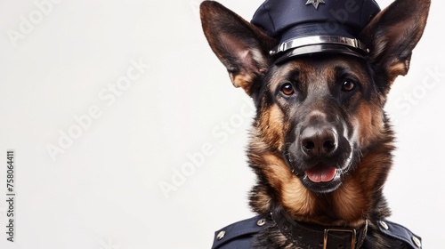 Adorable police dog in uniform ready to serve isolated backdrop with space for messages © Virtual Art Studio