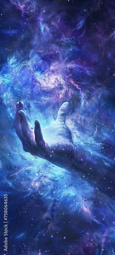 A powerful celestial hand reaching out from a fantasy sky of deep blues and purples amidst a swirl of cosmic dust