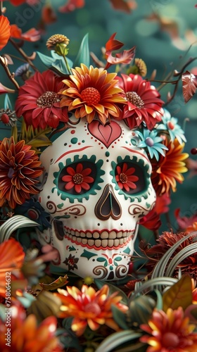 3D Day of the Dead celebration with larger than life 3D flowers as the centerpiece
