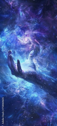 A powerful celestial hand reaching out from a fantasy sky of deep blues and purples amidst a swirl of cosmic dust