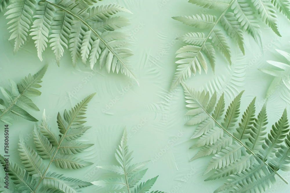 Lush Green Fern Leaves on Light Green Background with Copy Space for Text, Top View Botanical Background Concept