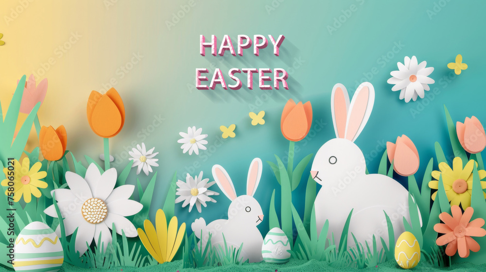 Easter sale banner. paper cut style holiday discount offer template with copy space
