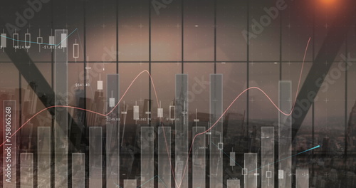 Image of statistical data processing over view of cityscape from office