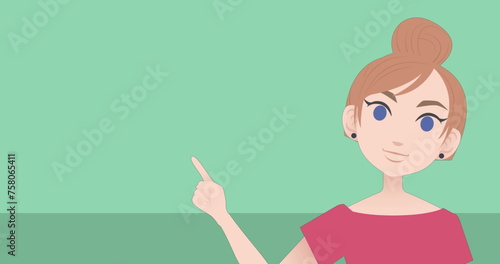 Image of caucasian woman talking and pointing icon on green background with copy space