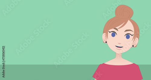 Image of caucasian woman talking and pointing icon on green background with copy space
