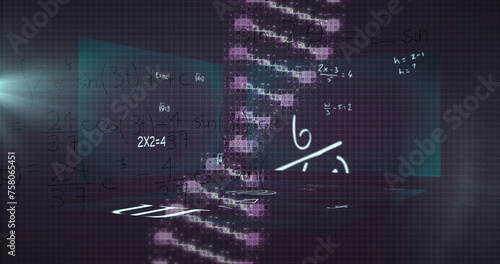 Image of dna helix, lens flare and mathematical equations against abstract background