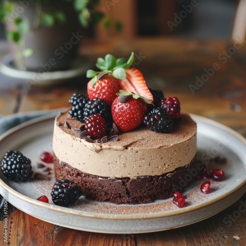 Elegant chocolate mousse cake adorned with ripe strawberries  blackberries  and pomegranate seeds on a rustic table.