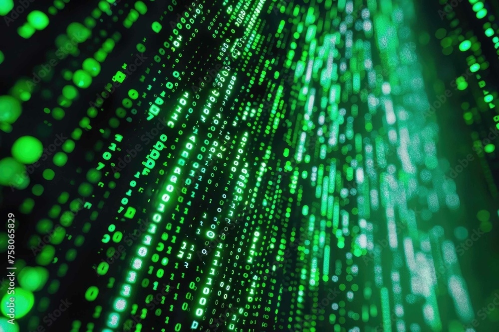 A dynamic background of moving binary code in green on a black screen, illustrating data processing A dynamic background of moving binary code in green on a black screen, illustrating data processing