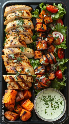Healthy meal prep container with juicy grilled chicken breast, roasted sweet potato cubes, mixed greens salad, and a side of herb dressing.