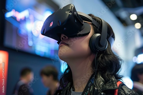 A person wearing a virtual reality headset, immersed in an interactive digital environment, highlighting advancements in VR technology