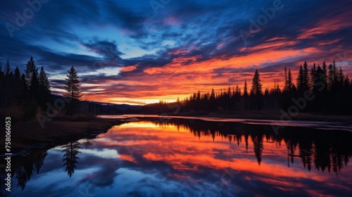 Vibrant sunset painting the serene mountain lake with a stunning and picturesque landscape view © Roman Enger