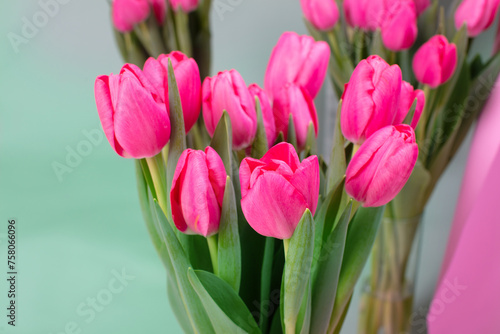 A bouquet of pink tulips on a green background.