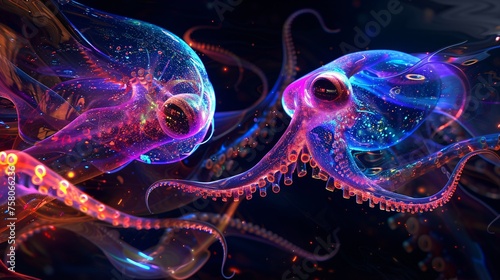 Squid engaging in luminous conversation with aliens, exchanging ideas through pulses of light. © Sara_P