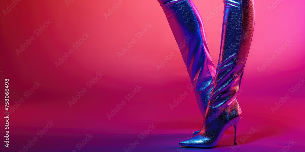 Chic High Heeled Boots, copy space. Female legs in long sleek thigh-high boots, high fashion footwear. - obrazy, fototapety, plakaty 
