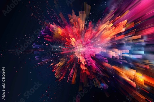 Vibrant, abstract pixel explosion on a darkened background