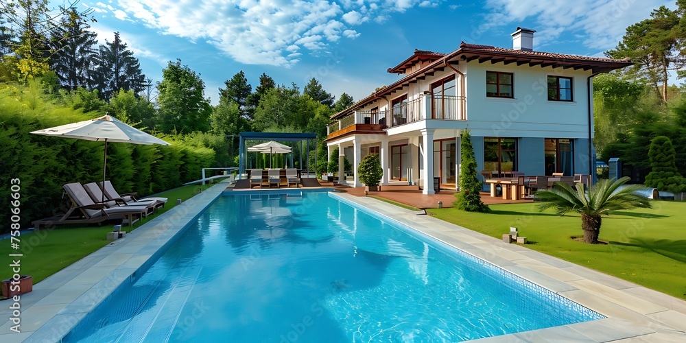 Luxurious villa with swimming pool and greenery around the pool