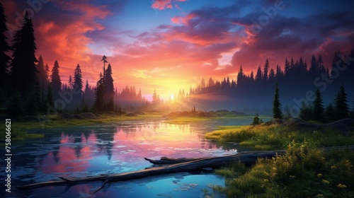 Tranquil mountain sunset  vibrant sky reflected on calm lake in serene landscape
