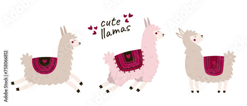 Cute llamas set. Funny cartoon characters. Alpacas with saddles.