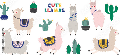 Cute llamas and cacti vector set. Colorful elements for children's design, poster, birthday card, daily planner