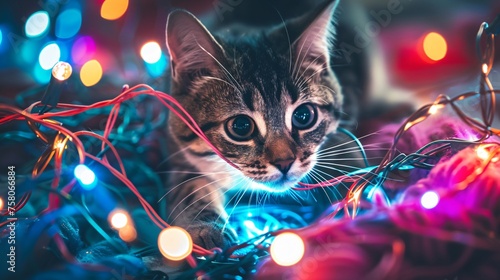 Tabby cat tangled in glowing string lights, playfully batting at the colorful yarn.