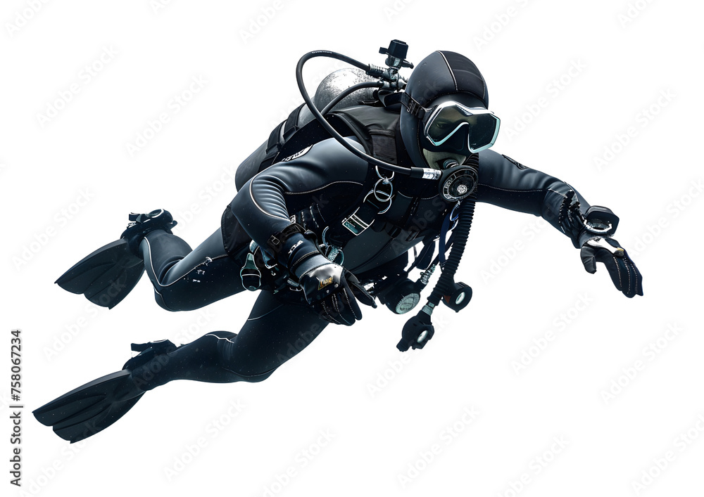 scuba diver isolated on white background, robot, 3d, technology, cyborg, machine, robotic, future, futuristic, character, science, isolated, mechanical, metal, scifi, android, soldier, fiction, illust