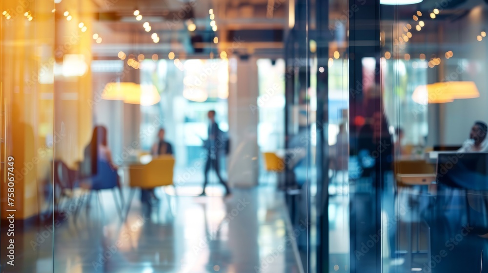 Blurred background of an open space with people working