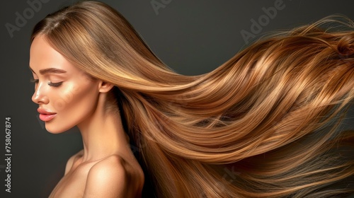 Elegant woman with long shiny hair on dark background, hair product beauty concept for advertising