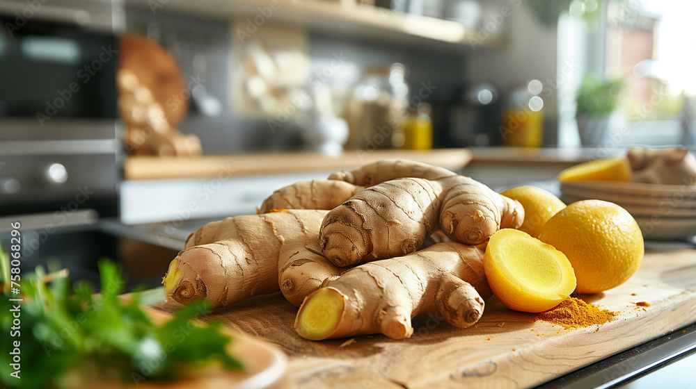 Organic ginger root and ripe lemons placed on a wooden cutting board in a bright, modern kitchen setting. A kitchen scene of cooking with ginger and turmeric, natural remedies for stomach health. - obrazy, fototapety, plakaty 