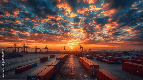  Dramatic Sunset Over Industrial Shipping Container Yard 