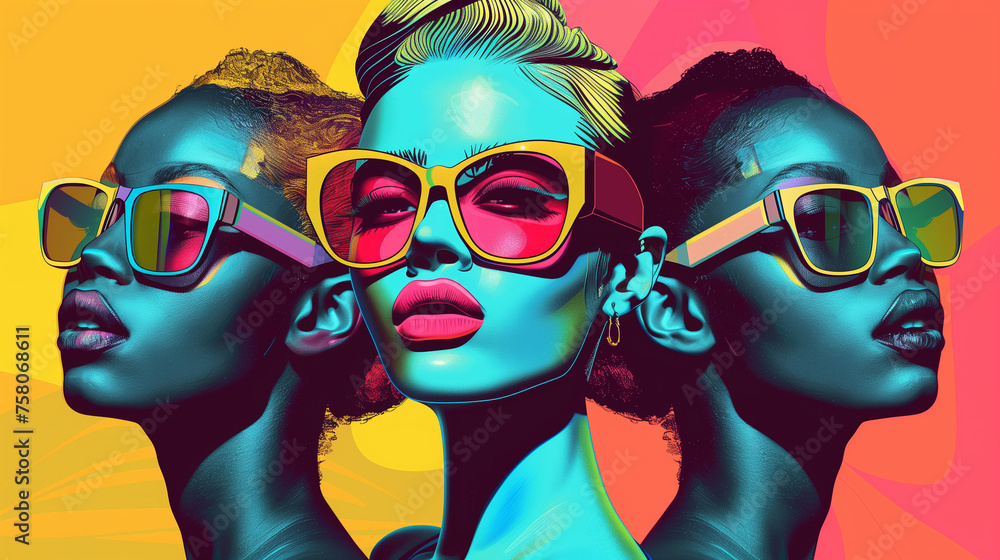 Three women in colorful pop art style with sunglasses. Three women in colorful pop art style with sunglasses.