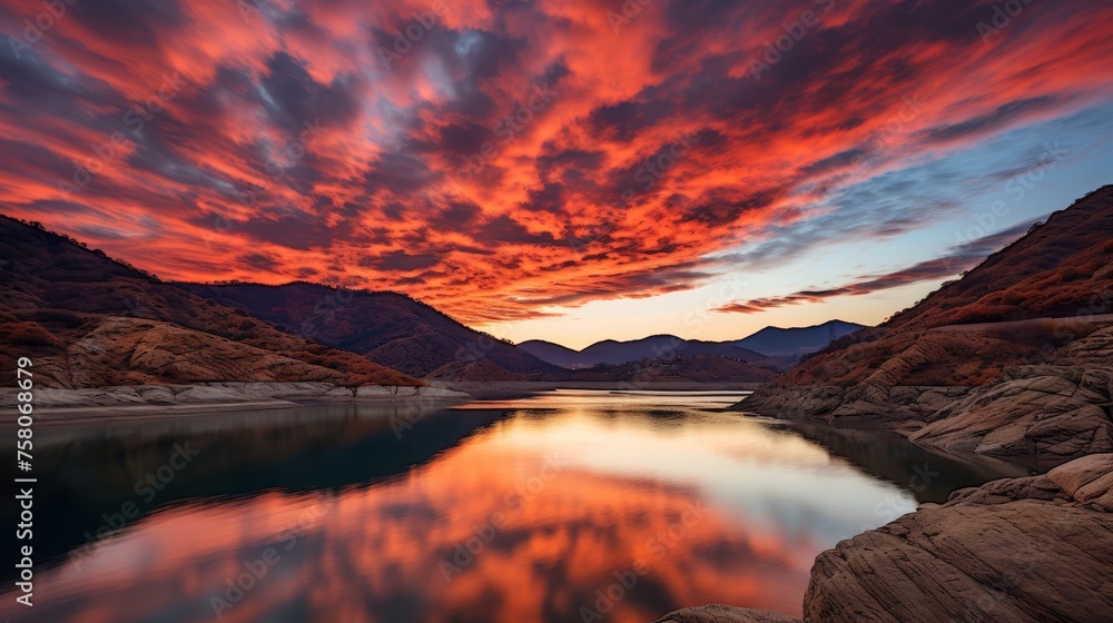 Tranquil mountain scene  majestic peaks, colorful sunset sky, and reflective lake at dusk