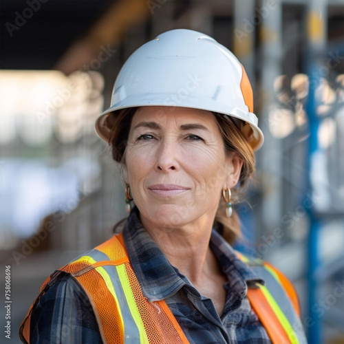 woman working on a construction site, construction hard hat and work vest, smirking, middle aged or older, Generative AI
