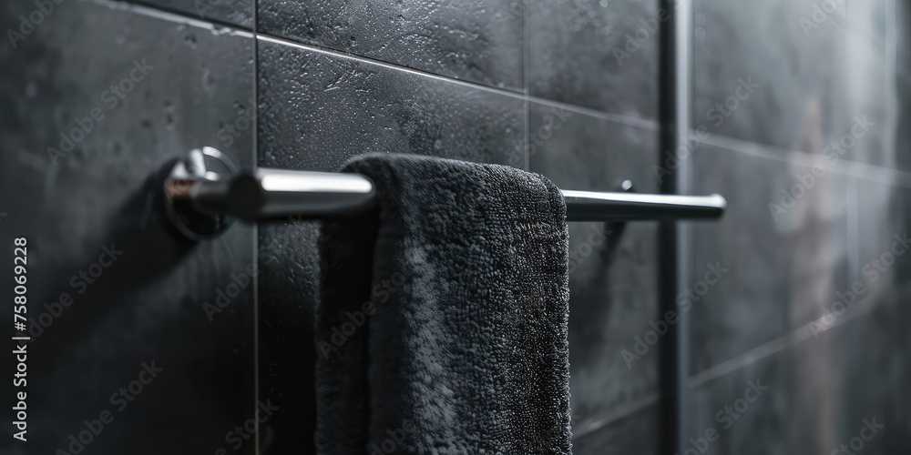 Close-up of Heated Rail for Towels  in Bathroom with copy space. Modern heated towel rail on wall in a serene bathroom setting. - obrazy, fototapety, plakaty 