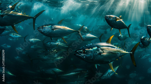Shoal of Atlantic bluefin tuna swimming underwater in the ocean this is a species of tuna in the family Scombridae. Bluefin are the largest tunas and can live up to 40 years © SpeedShutter