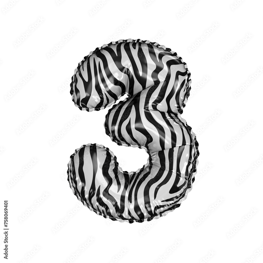 3D zebra animal pattern helium balloon number 3 3D zebra animal pattern helium balloon number 3