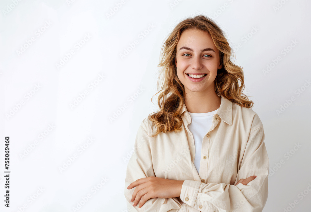 Portrait of smiling blonde woman , ready to help, looking friendly and nice, at your service, standing over white wall. Portrait of smiling blonde woman , ready to help, looking friendly and nice, at your service, standing over white wall.