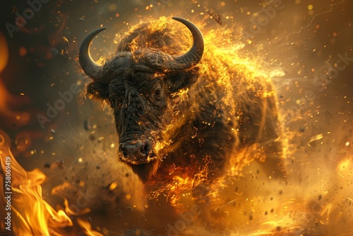 A charging buffalo made of fire, flames surrounding it, 