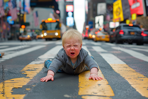 blonde baby, crying abandoned in the middle of a busy avenue photo
