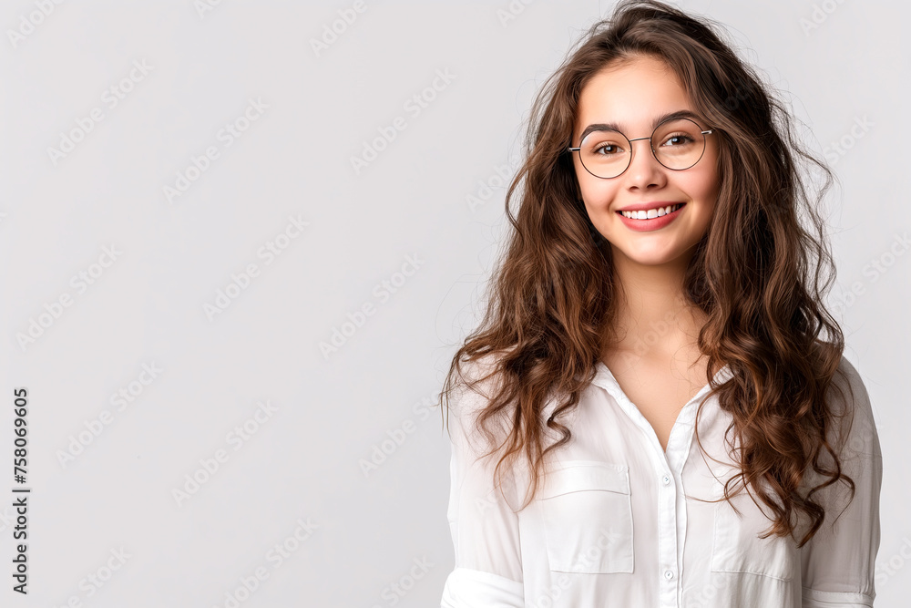 Smiling Young Woman with Glasses on White Background Perfect for Lifestyle and Fashion Use